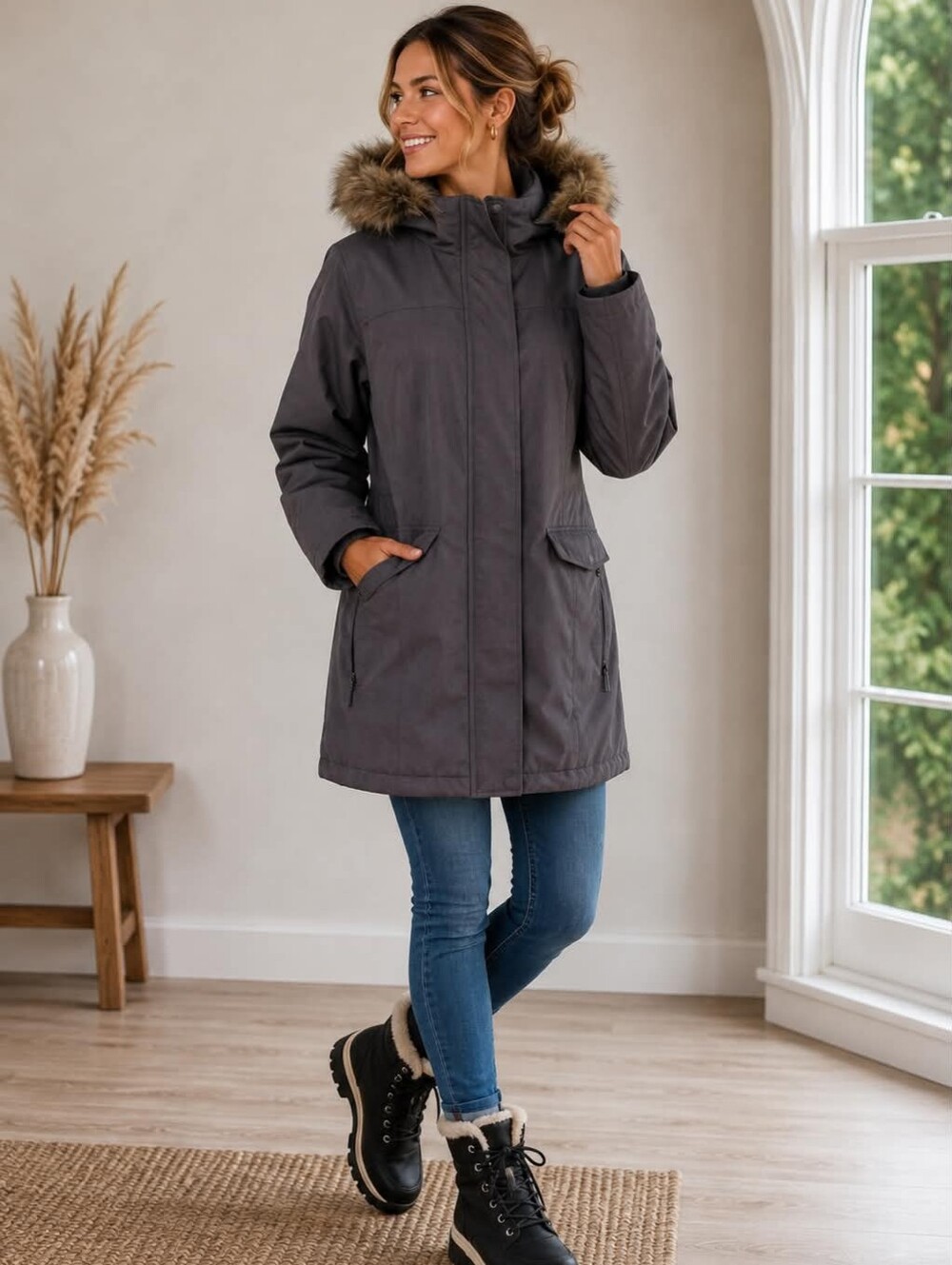 Women's Charcoal Hooded Puffer Jacket with Faux Fur Trim
